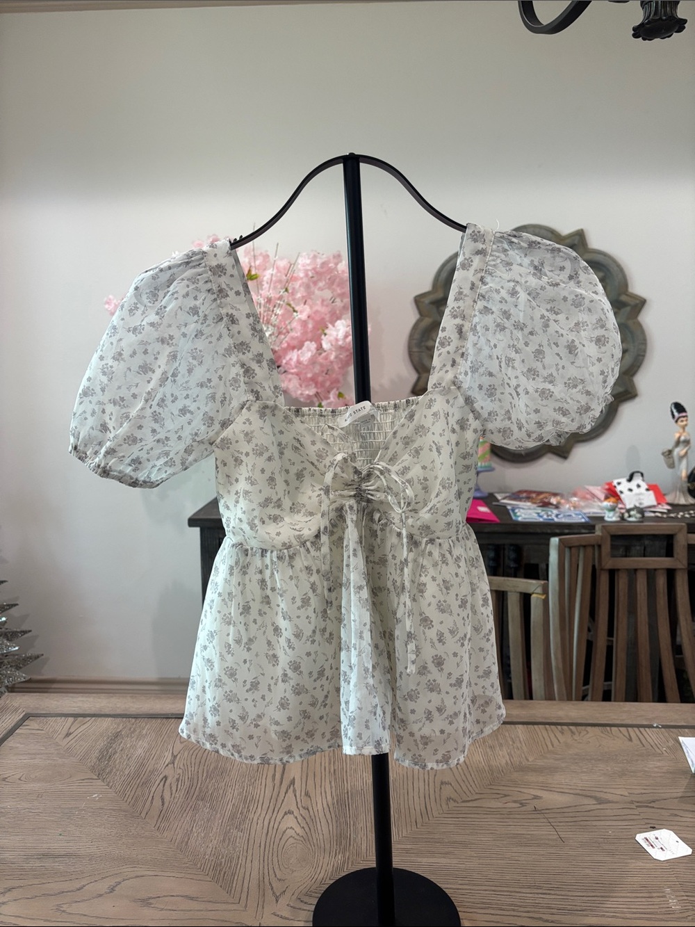 Altar'd State Cream Floral Puff-Sleeve Tie-Front Blouse